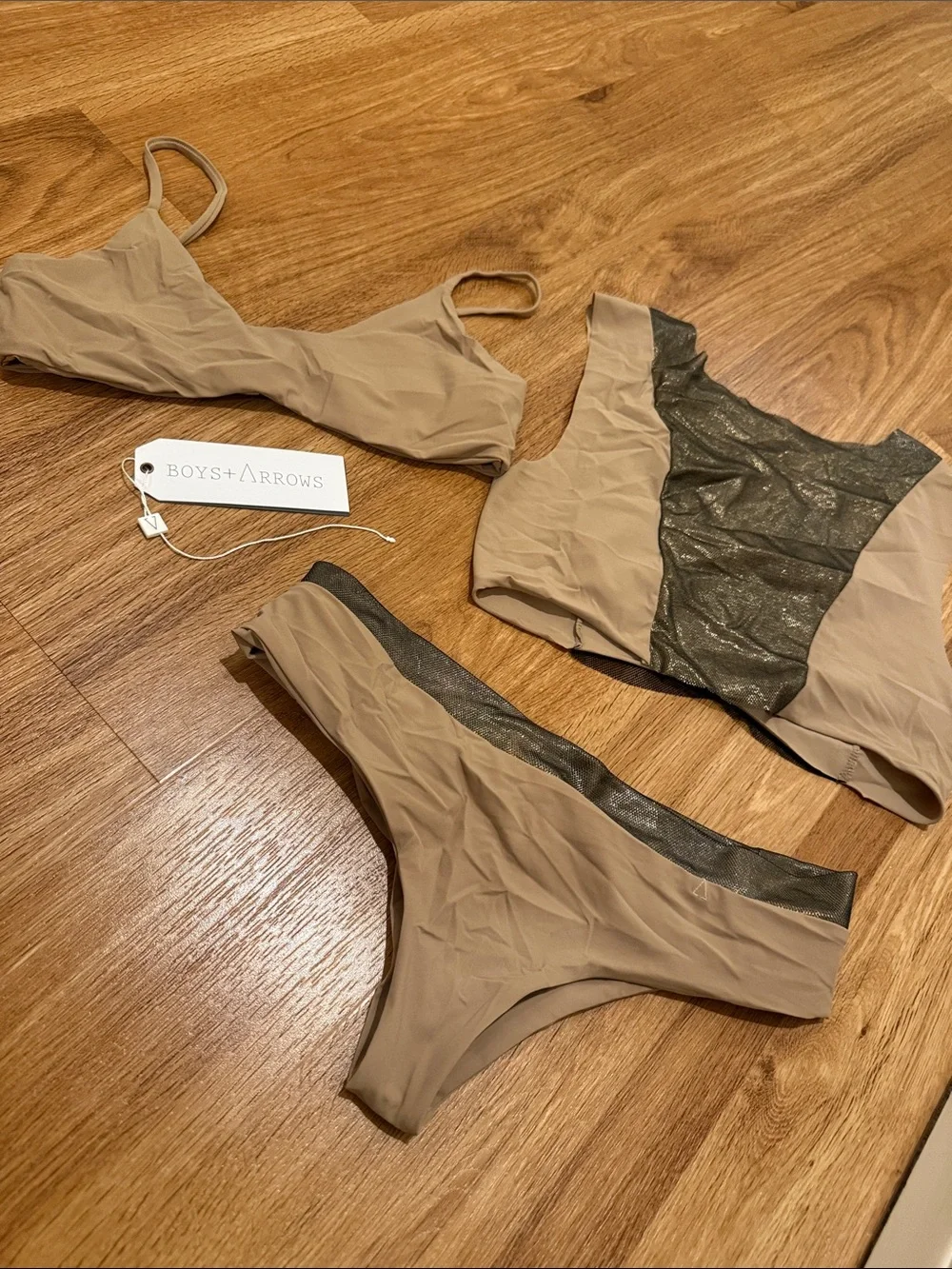 Boys + Arrows Beige 3p Bikini Set with Metallic Charcoal Trim top bottom cover